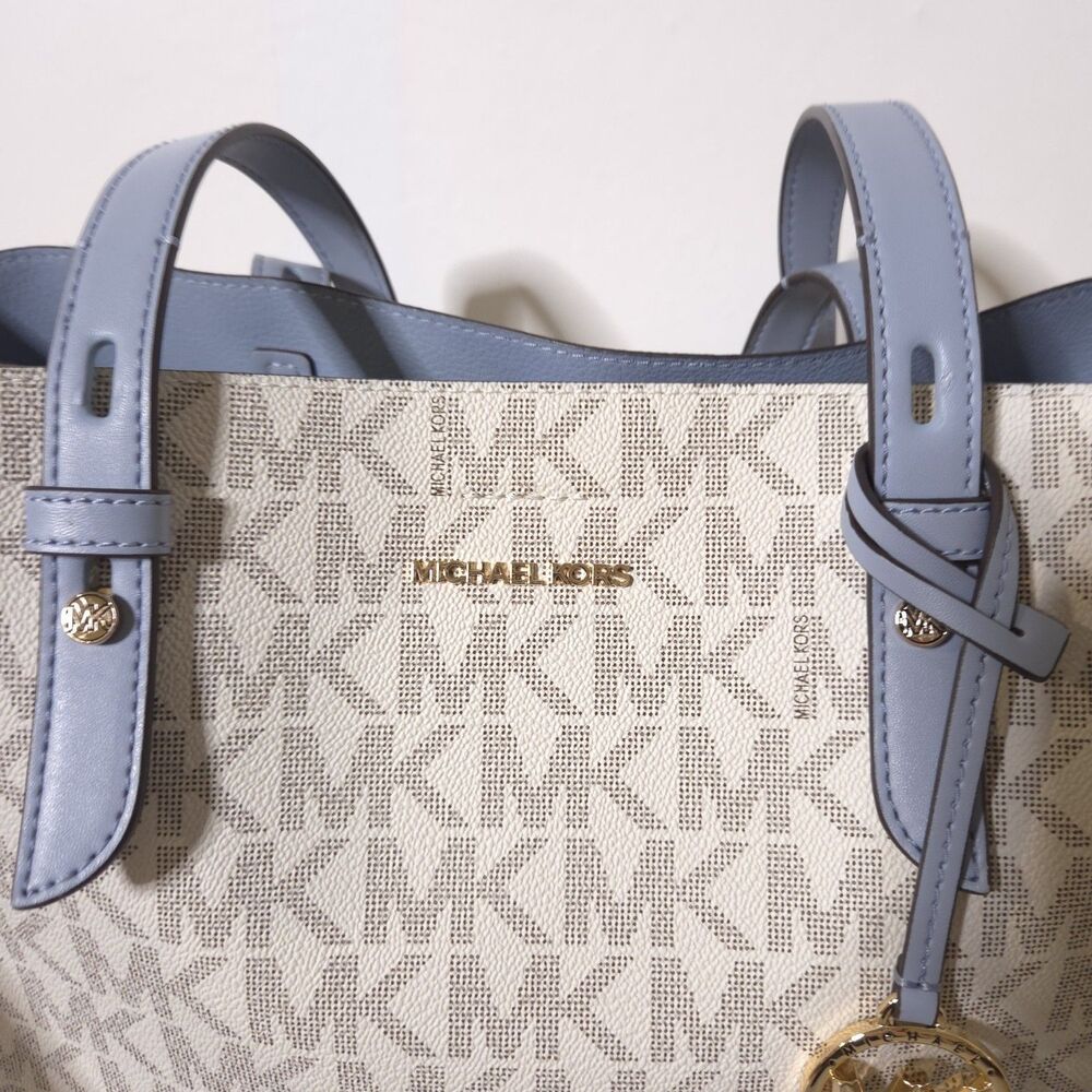 Michael Kors Signature MK Logo Tote Cream/Light Blue Leather Shoulder Bag Walsh - Picture 4 of 13